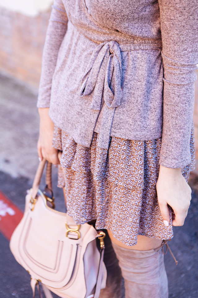 Under $100 Wrap Sweater with ASOS Floral Ruffle skirt on Kendi Everyday 