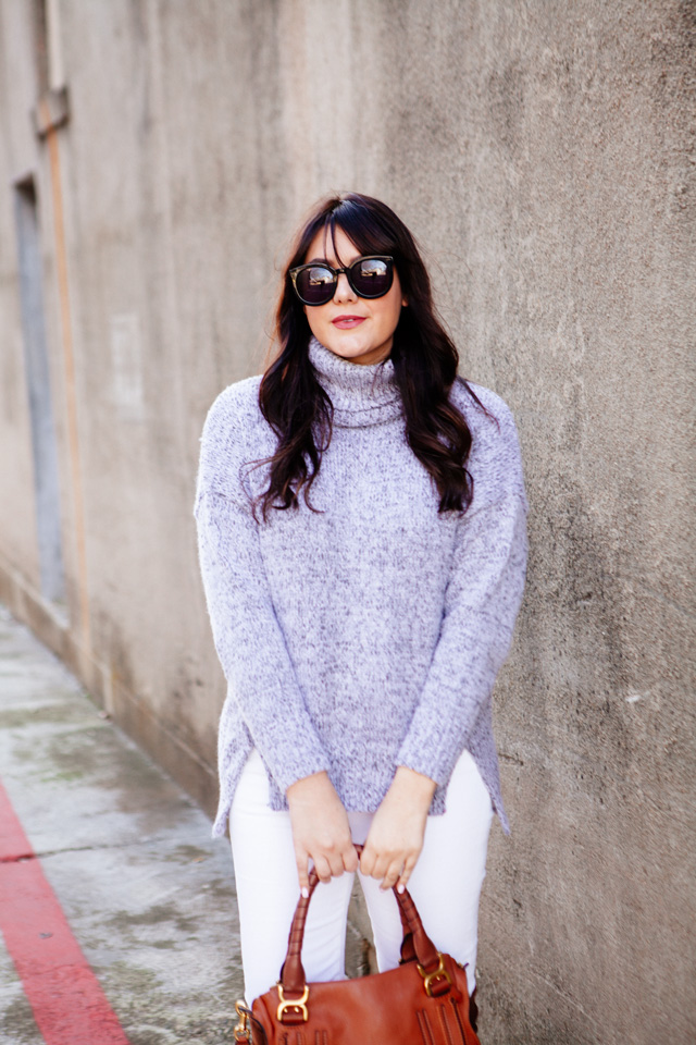Grey cowl neck sweater with white denim and OTK boots on Kendi Everyday