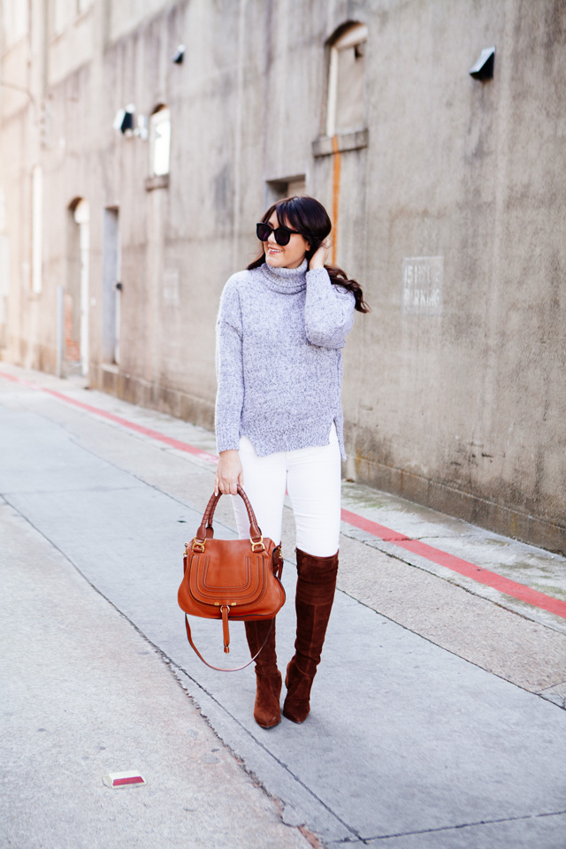 Grey cowl neck sweater with white denim and OTK boots on Kendi Everyday