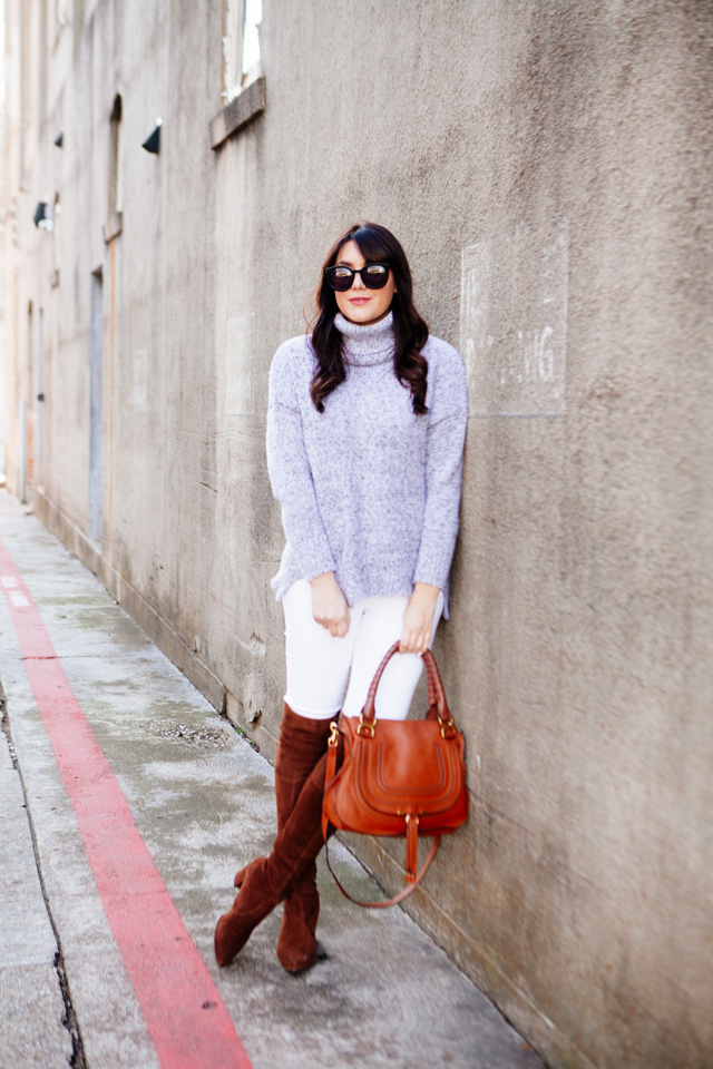 Grey cowl neck sweater with white denim and OTK boots on Kendi Everyday