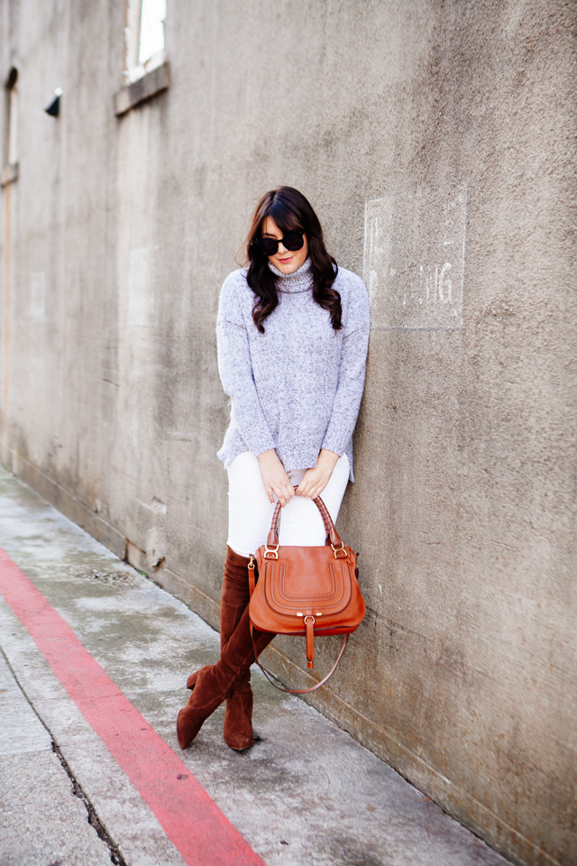 Grey cowl neck sweater with winter white denim and OTK boots on Kendi Everyday
