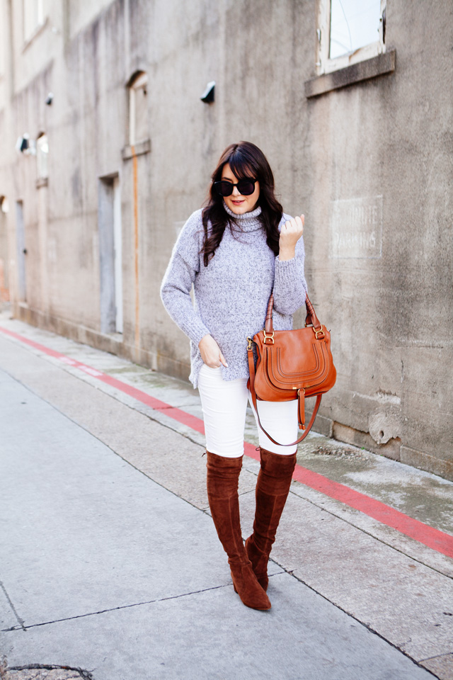 Grey cowl neck sweater with white denim and OTK boots on Kendi Everyday