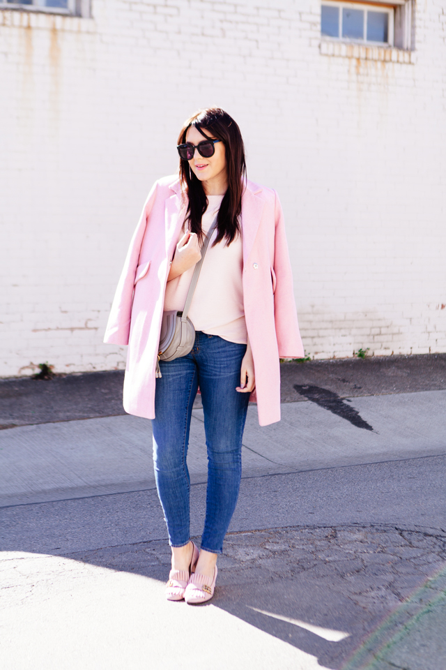 Pink Asos coat over spring transition pink sweater and denim on Kendi Everyday