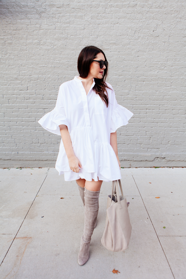 ASOS Layered Frill Hem Oversize Shirt with nude over the knee boots on Kendi Everyday.