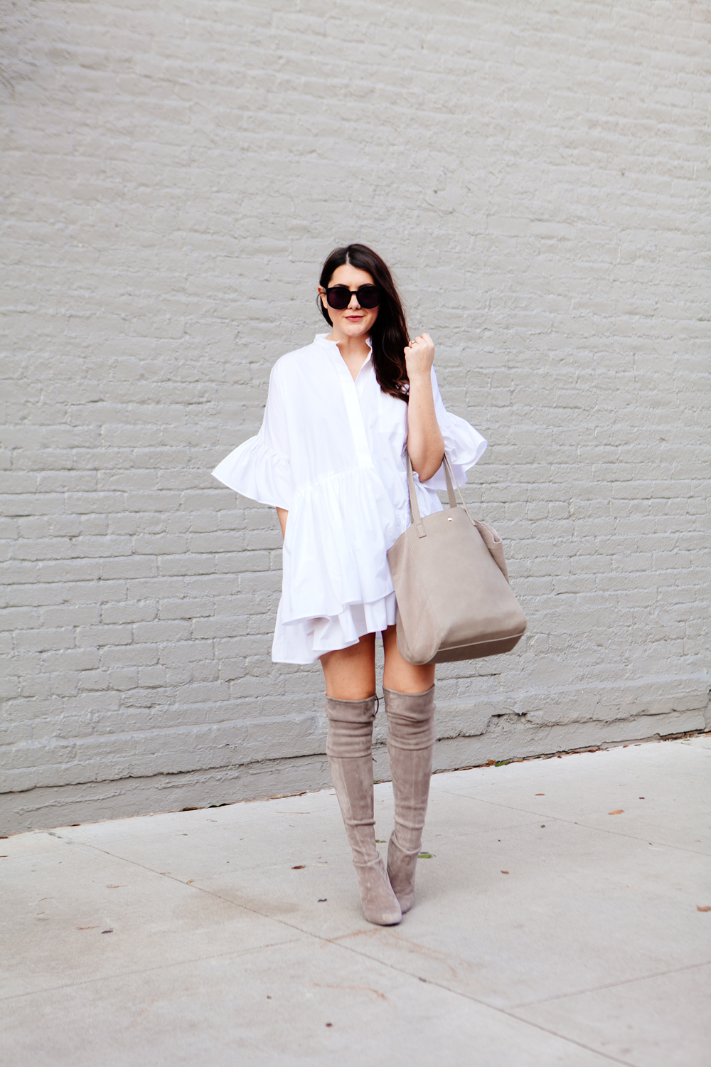 ASOS Layered Frill Hem Oversize Shirt with nude over the knee boots on Kendi Everyday.