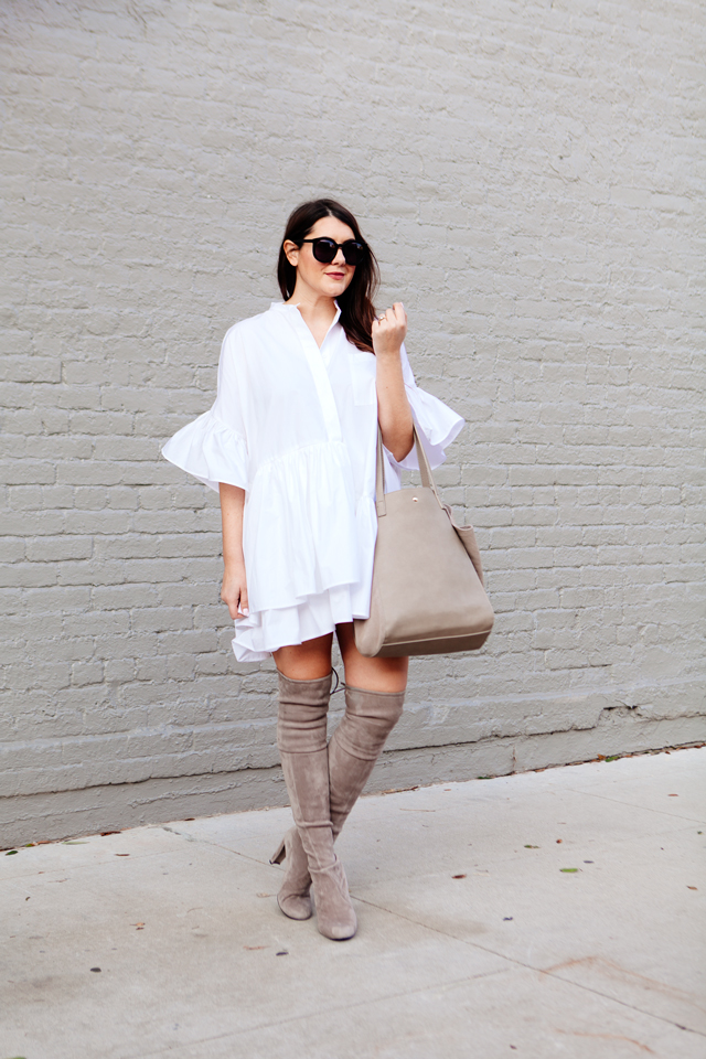 ASOS Layered Frill Hem Oversize Shirt with nude over the knee boots on Kendi Everyday.