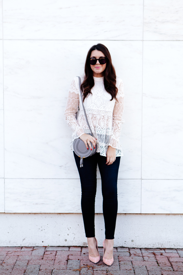 High neckline lace top with grey mini Chloe bag on Kendi Everyday