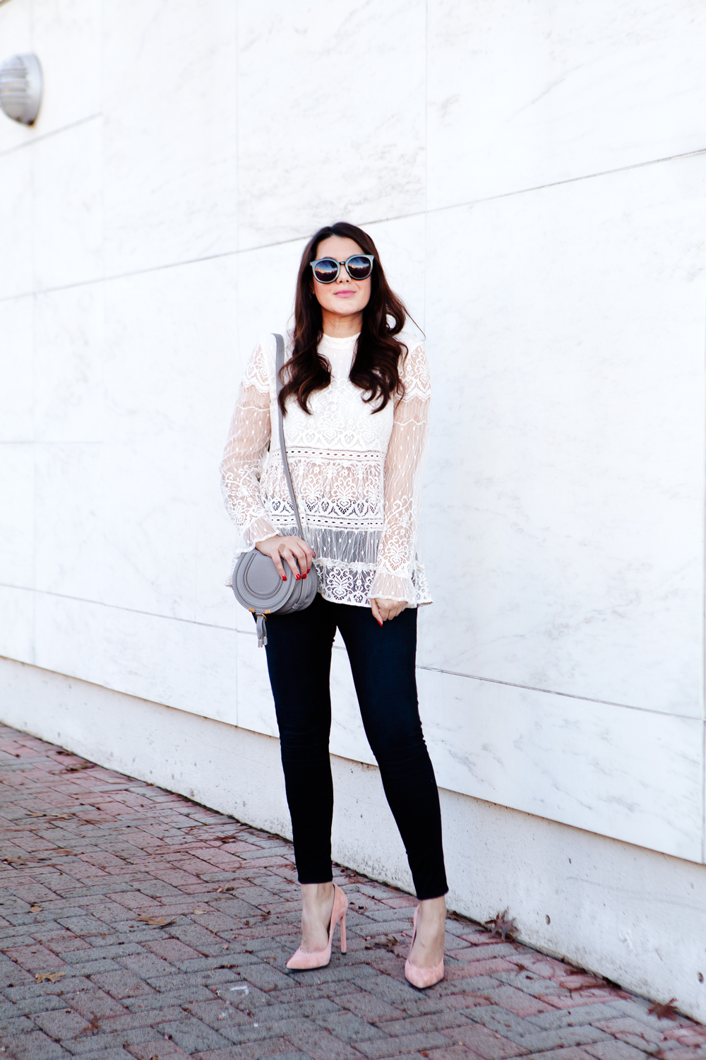 High neckline lace top with grey mini Chloe bag on Kendi Everyday