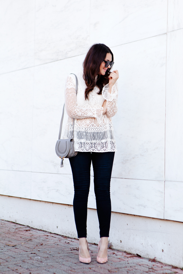 High neckline lace top with grey mini Chloe bag on Kendi Everyday