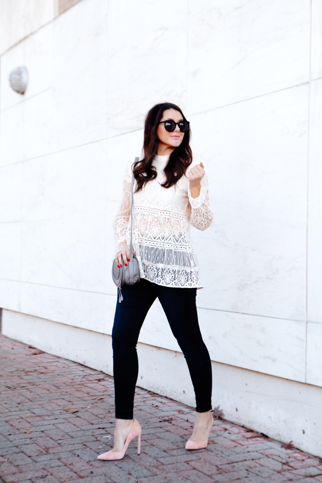 High neckline lace top with grey mini Chloe bag on Kendi Everyday