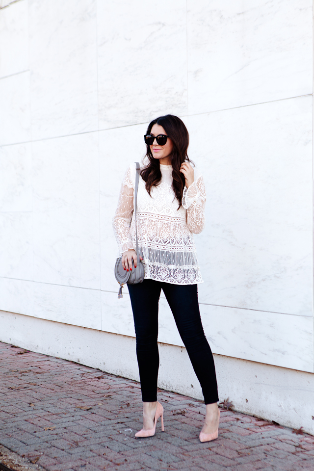 High neckline lace top with grey mini Chloe bag on Kendi Everyday