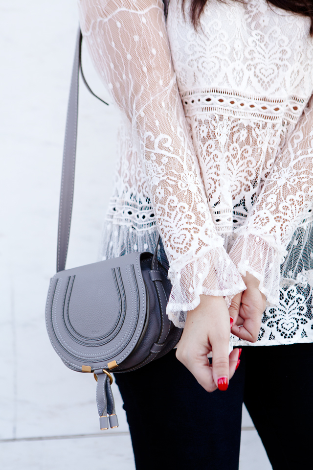 High neckline lace top with grey mini Chloe bag on Kendi Everyday