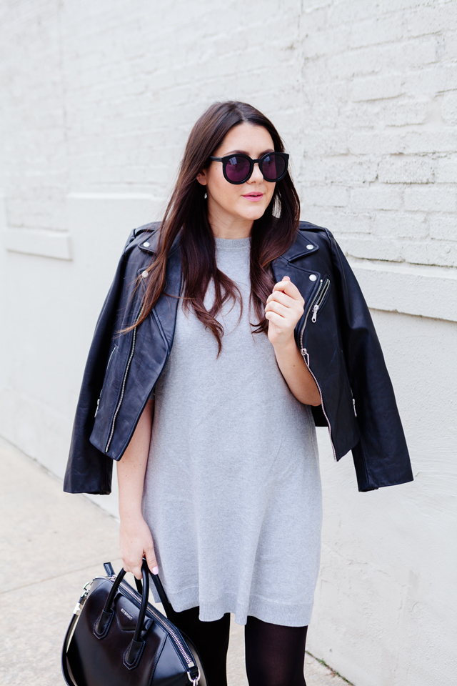 Grey Dress with black moto jacket. 