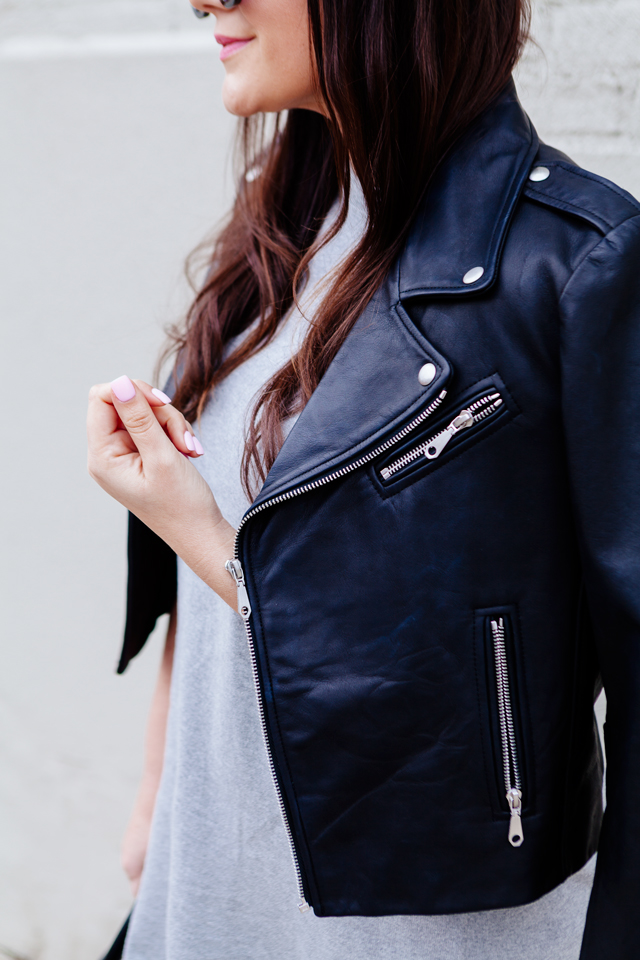 Grey Dress with black moto jacket. 