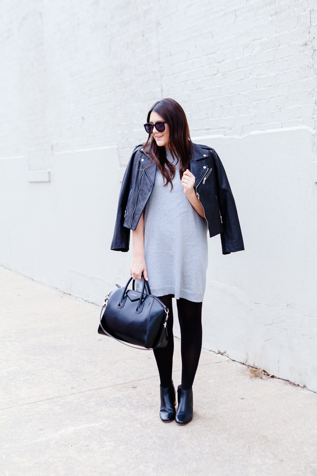 Grey Dress with black moto jacket. 