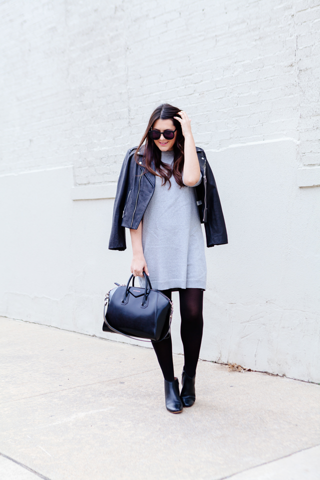 Grey Dress with black moto jacket. 