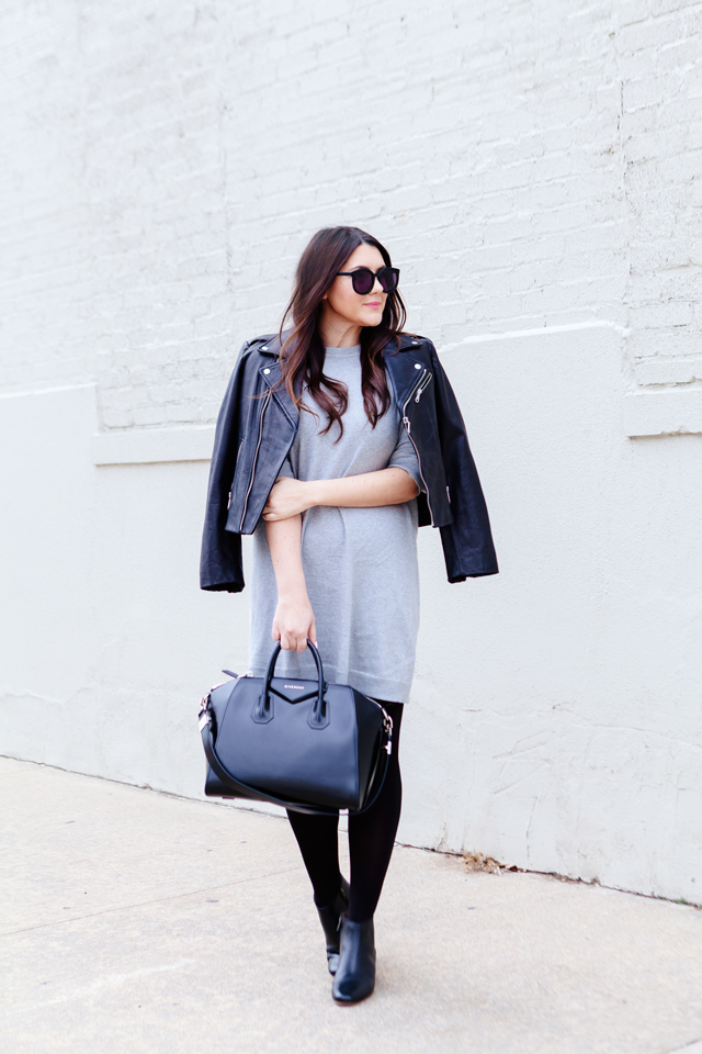 Grey Dress with black moto jacket. 