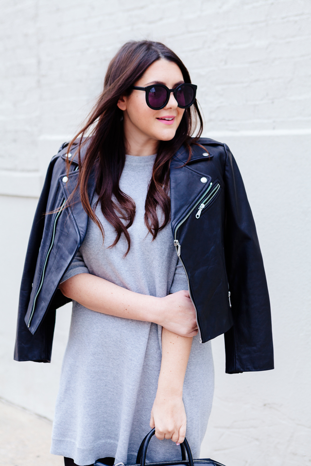 Grey Dress with black moto jacket. 