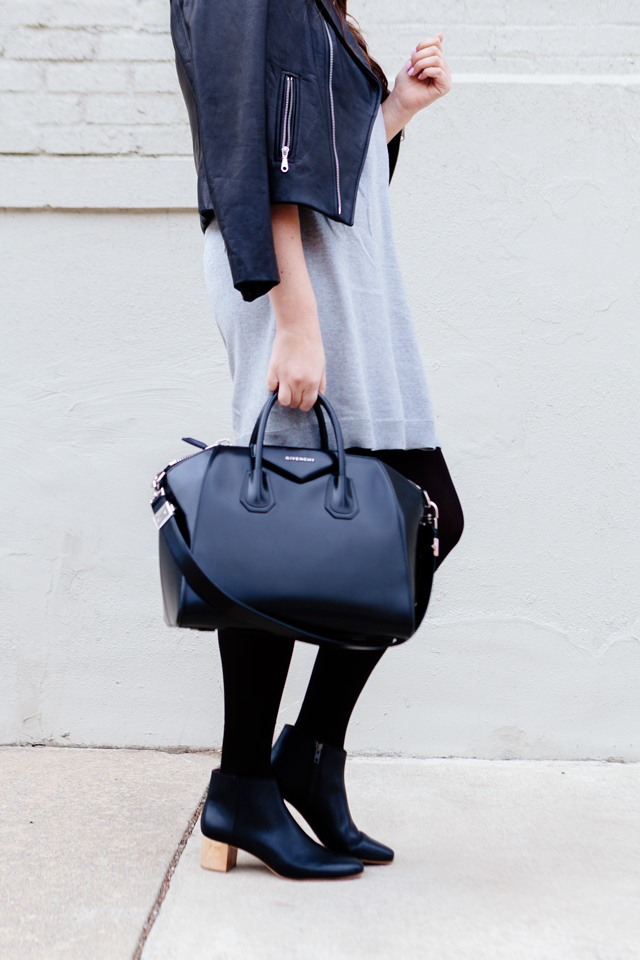 Grey Dress with black moto jacket. 