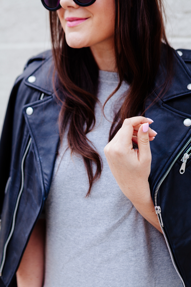 Grey Dress with black moto jacket. 