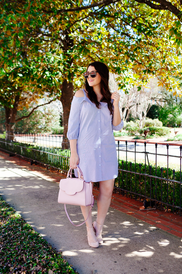 Cold shoulder striped poplin dress for spring