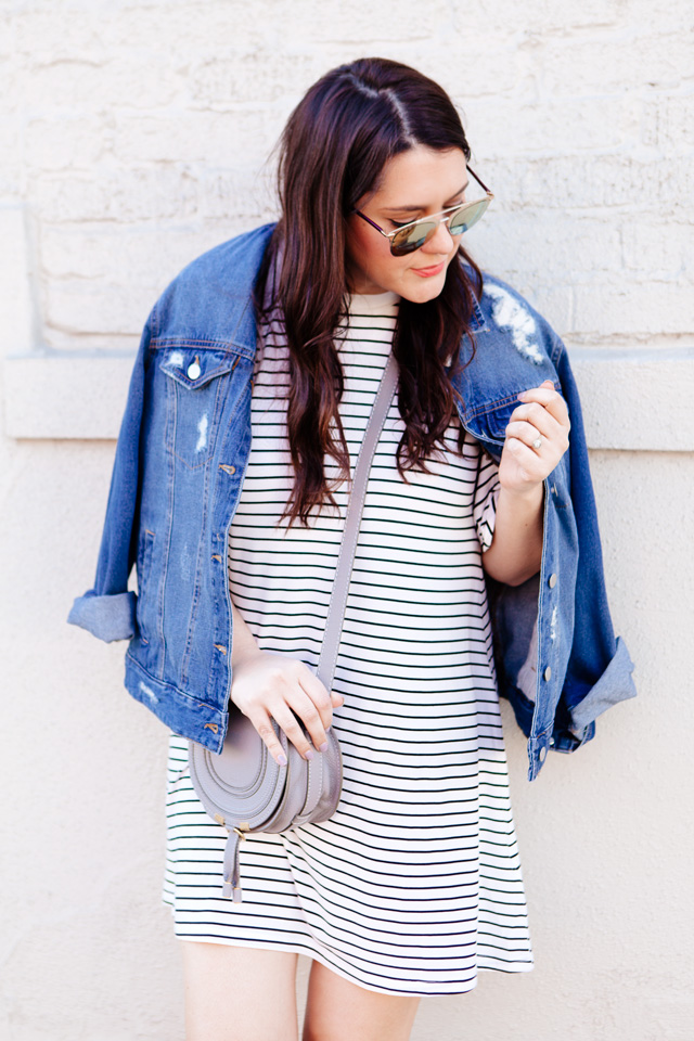 black and white striped dress with denim jacket and adidas superstars