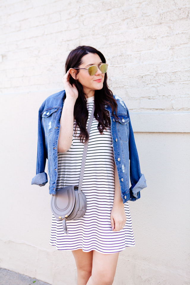 black and white striped dress with denim jacket and adidas superstars