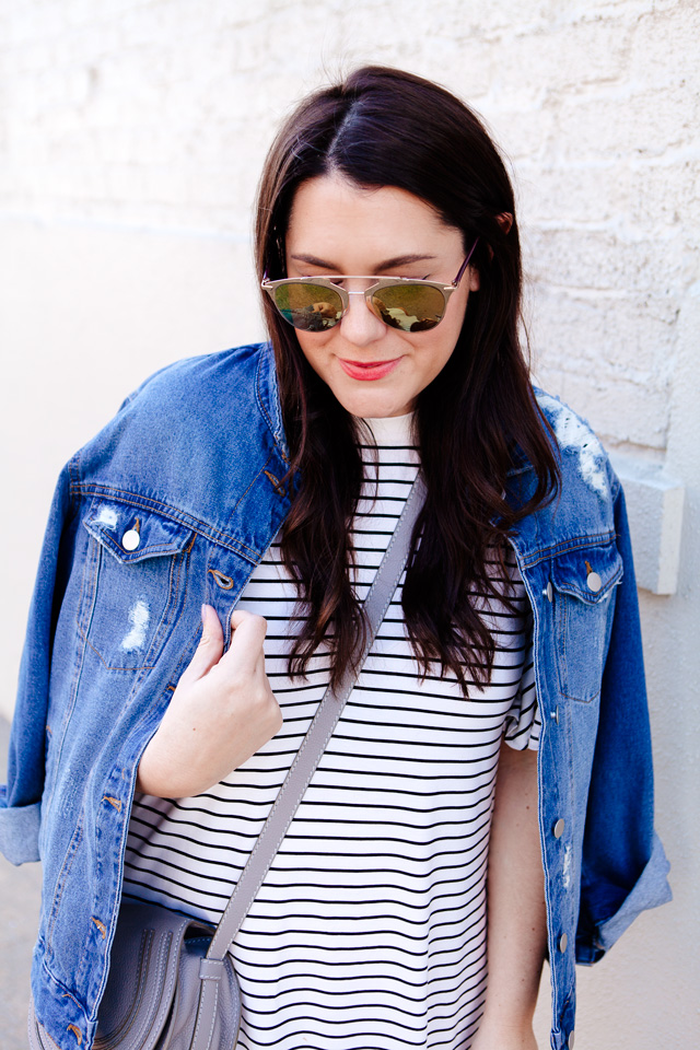 black and white striped dress with denim jacket and adidas superstars