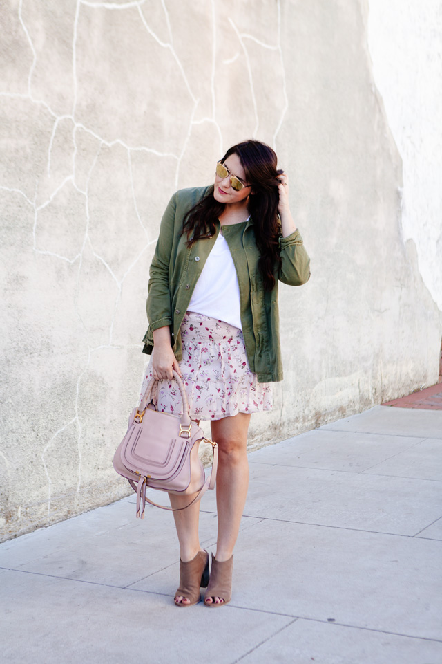 Maternity style post. Floral skirt with military jacket and white tee. 