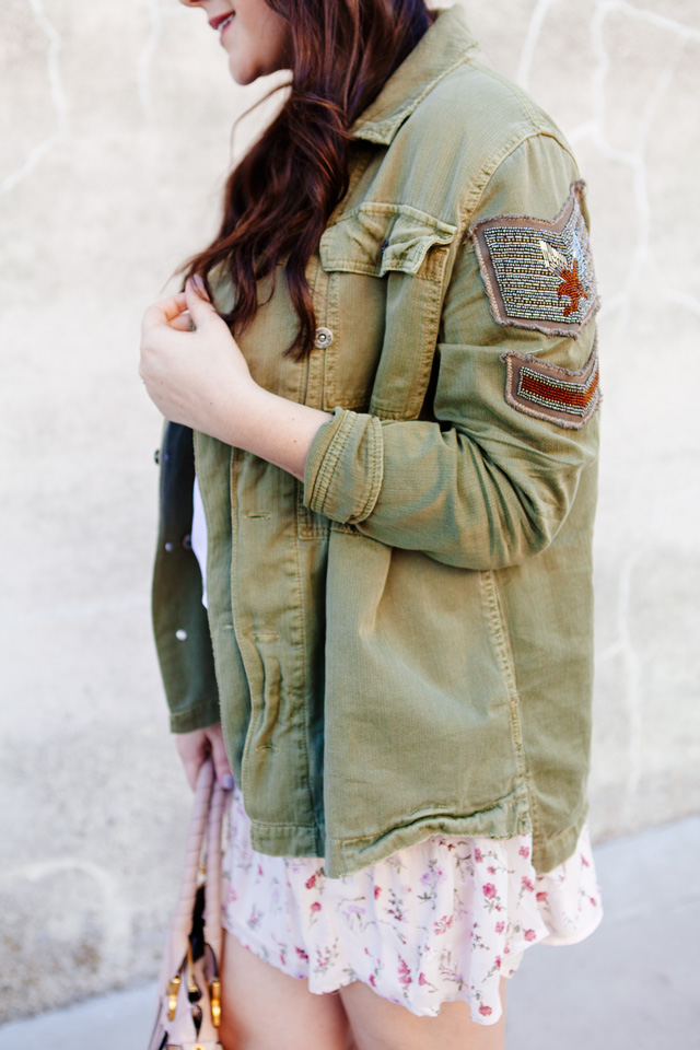 Maternity style post. Floral skirt with military jacket and white tee. 