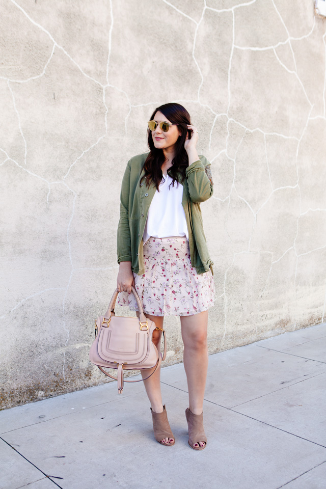 Maternity style post. Floral skirt with military jacket and white tee. 