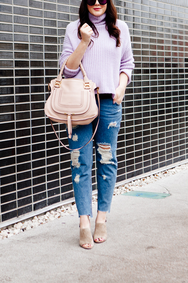 Rebecca Taylor La Vie Lilac Sweater with ripped boyfriend jeans, Chloe Medium Marcie Purse and Madewell suede sandals.