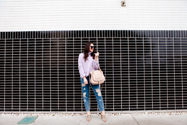 Rebecca Taylor La Vie Lilac Sweater with ripped boyfriend jeans, Chloe Medium Marcie Purse and Madewell suede sandals.