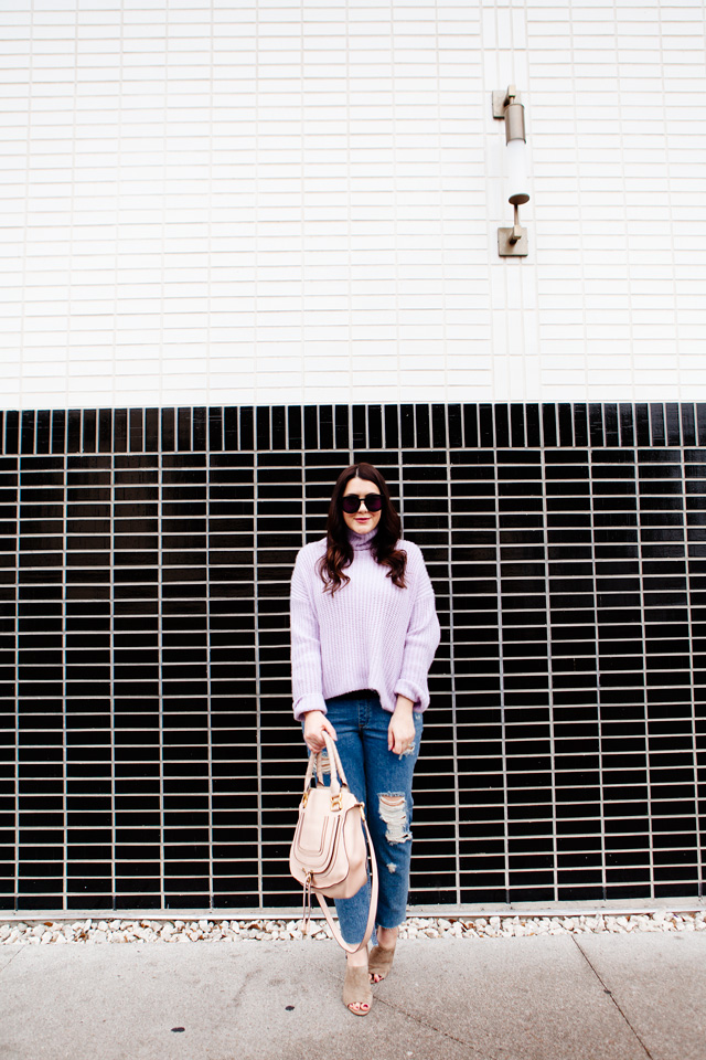 Rebecca Taylor La Vie Lilac Sweater with ripped boyfriend jeans, Chloe Medium Marcie Purse and Madewell suede sandals.