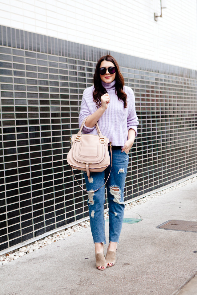 Rebecca Taylor La Vie Lilac Sweater with ripped boyfriend jeans, Chloe Medium Marcie Purse and Madewell suede sandals.