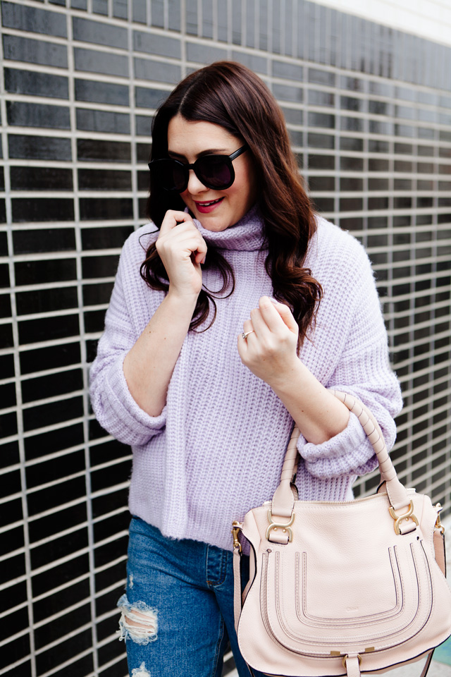 Rebecca Taylor La Vie Lilac Sweater with ripped boyfriend jeans, Chloe Medium Marcie Purse and Madewell suede sandals.