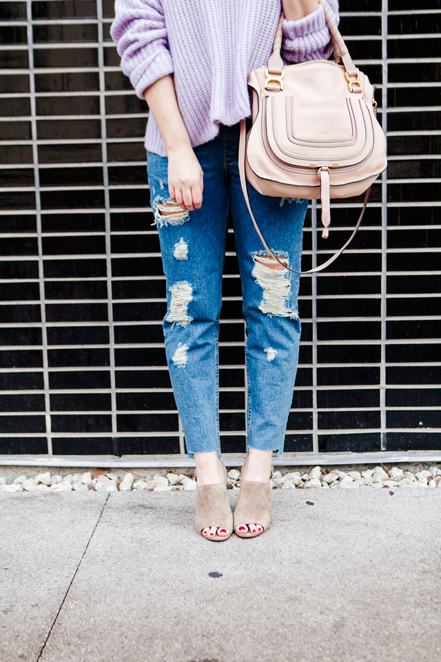 Rebecca Taylor La Vie Lilac Sweater with ripped boyfriend jeans, Chloe Medium Marcie Purse and Madewell suede sandals.