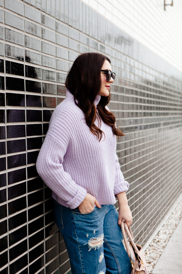 Rebecca Taylor La Vie Lilac Sweater with ripped boyfriend jeans, Chloe Medium Marcie Purse and Madewell suede sandals.