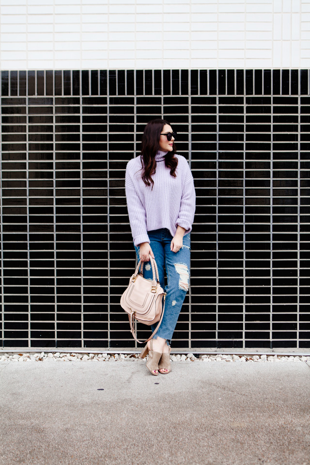 Rebecca Taylor La Vie Lilac Sweater with ripped boyfriend jeans, Chloe Medium Marcie Purse and Madewell suede sandals.