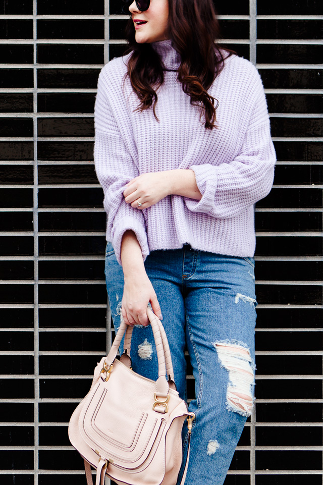 Rebecca Taylor La Vie Lilac Sweater with ripped boyfriend jeans, Chloe Medium Marcie Purse and Madewell suede sandals.