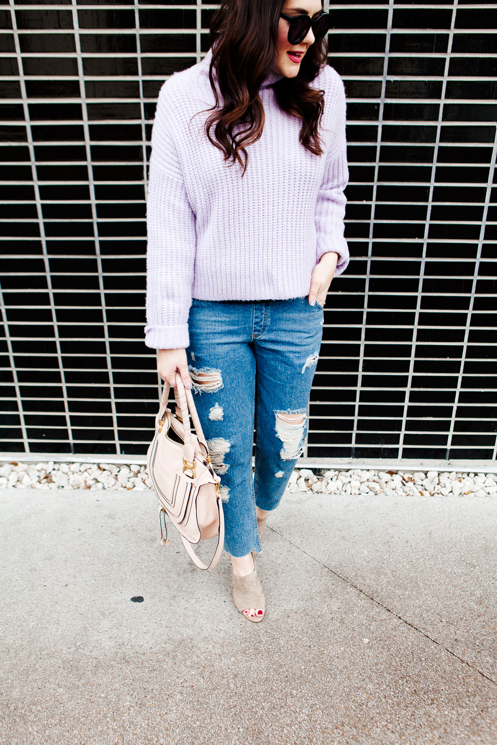 Rebecca Taylor La Vie Lilac Sweater with ripped boyfriend jeans, Chloe Medium Marcie Purse and Madewell suede sandals.