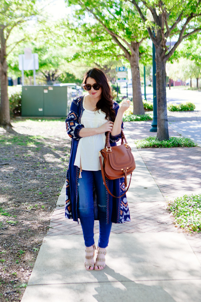 Embroidered cardigan for spring, maternity style.