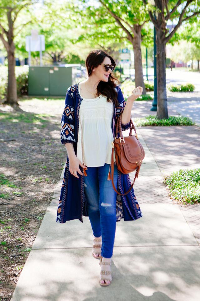 Embroidered cardigan for spring, maternity style.