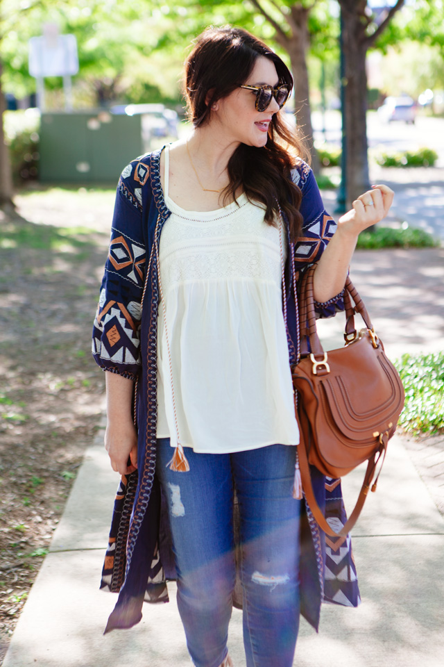 Embroidered cardigan for spring, maternity style.