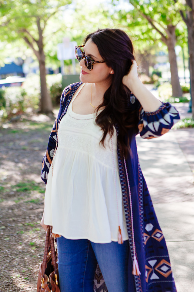 Embroidered cardigan for spring, maternity style.