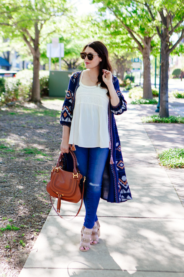 Embroidered cardigan for spring, maternity style.