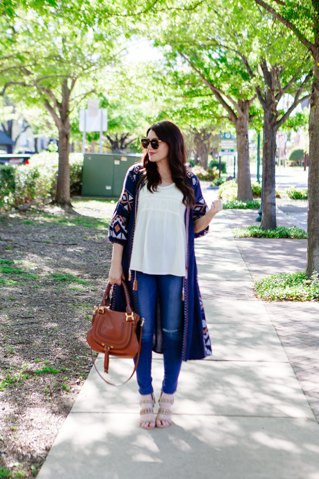 Embroidered cardigan for spring, maternity style.