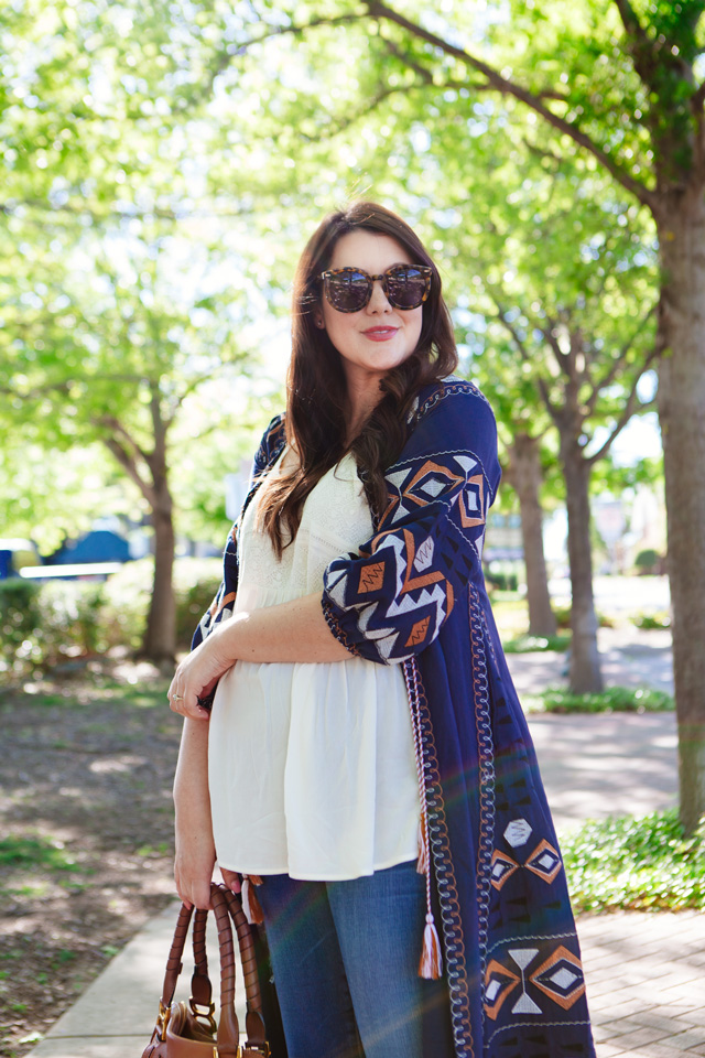 Embroidered cardigan for spring, maternity style.