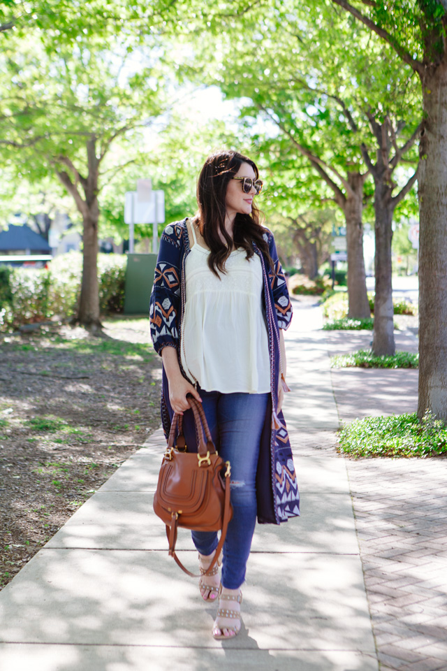 Embroidered cardigan for spring, maternity style.