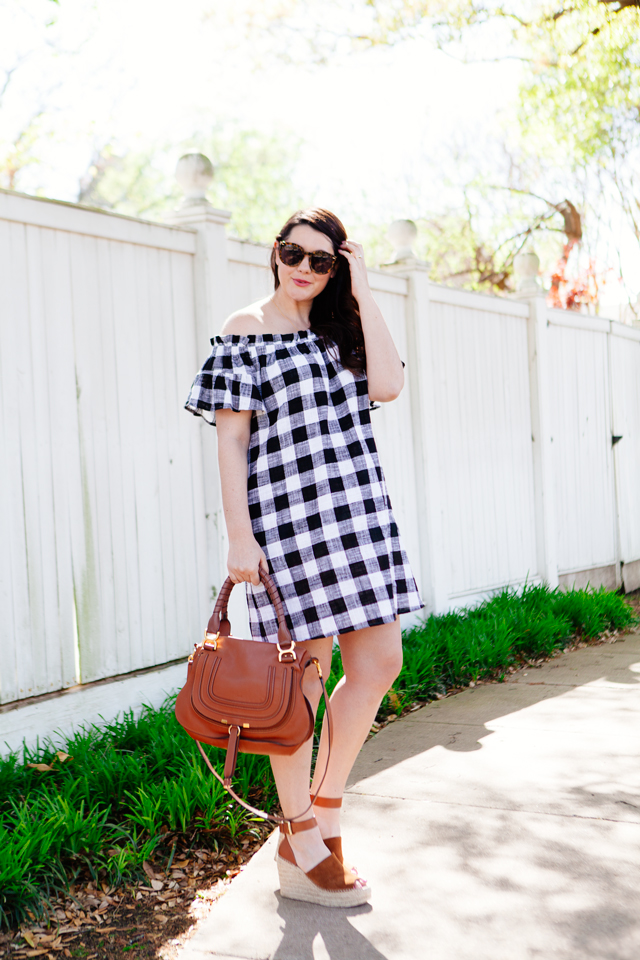 Gingham off the shoulder dress for spring. Maternity spring outfit ideas.